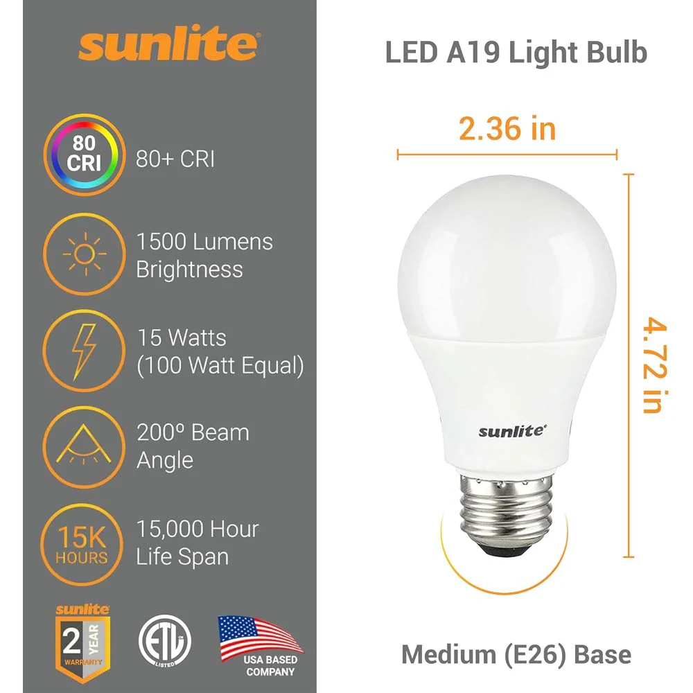 3Pk - Sunlite 15w A19 LED 1500Lm E26 Base 3000K Warm White Bulb - 100w equiv - Image 2