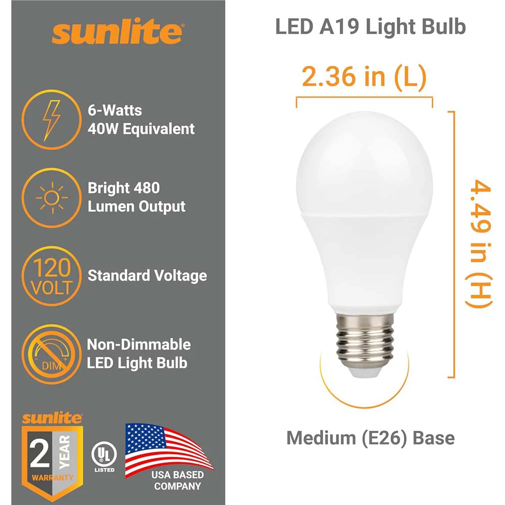3Pk - Sunlite 6w LED A19 Non-Dimmable 5000K Super White Bulb - 40w Equiv - Image 2