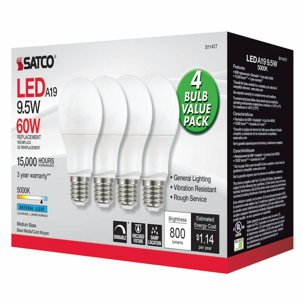 4Pk - Satco 9.5w 120v A19 LED Bulb E26 Medium Base 4000k Cool White - 60w-equiv - Image 3