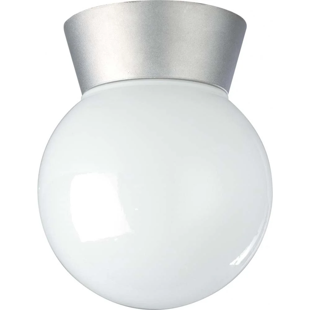 8-in Utility Ceiling Mount w/ White Glass Globe Satin Aluminum Finish