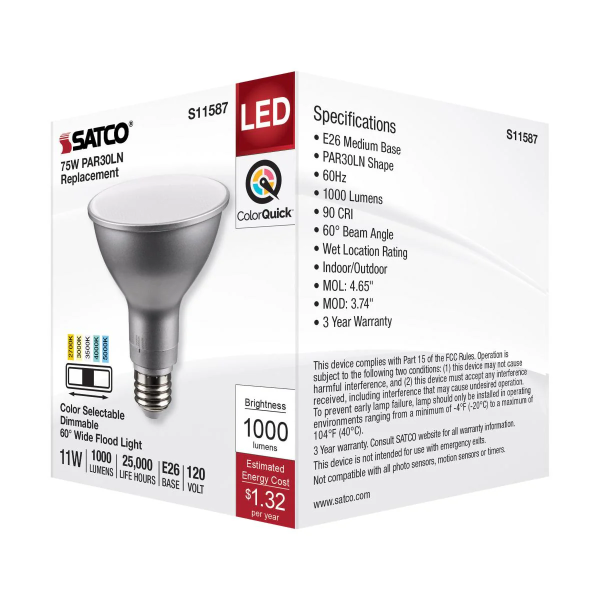 Satco 11w PAR30LN LED E26 Base 60deg 120v CCT Tunable Silver Finish Bulb - Image 5