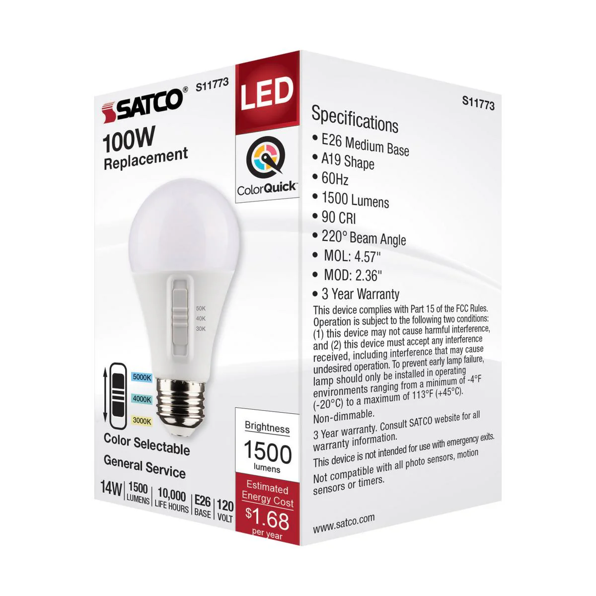Satco 14w A19 LED 120v CCT Selectable 90 CRI White Finish Bulb - Image 6