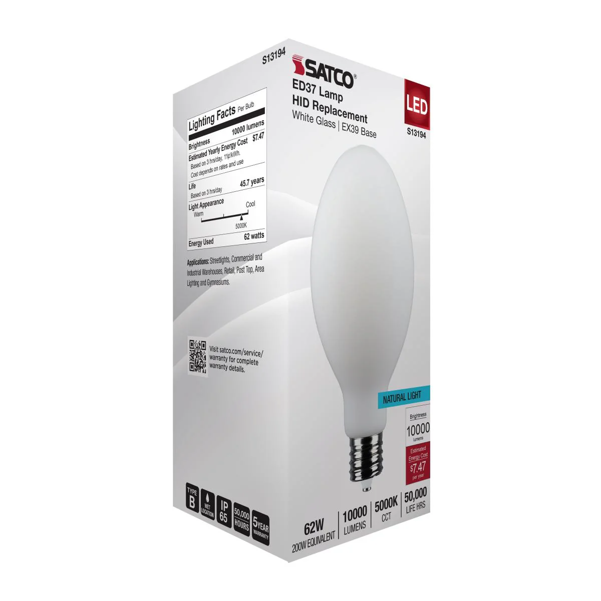 Satco 62w LED HID Replacement ED37 5000K EX39l Base 120-277v White Finish Bulb - Image 6