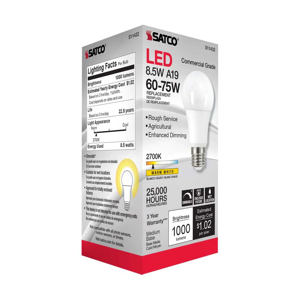 Satco 8.5w A19 LED Commercial Grade Agriculture Bulb 2700K 120v - 75w-equiv - Image 4