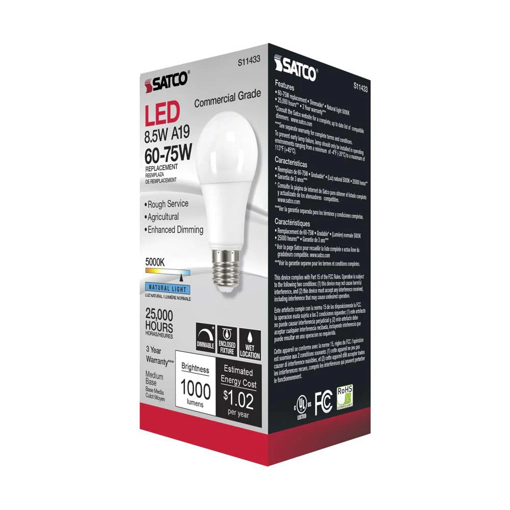 Satco 8.5w A19 LED Commercial Grade Agriculture Bulb 5000K 120v - 75w-equiv - Image 5