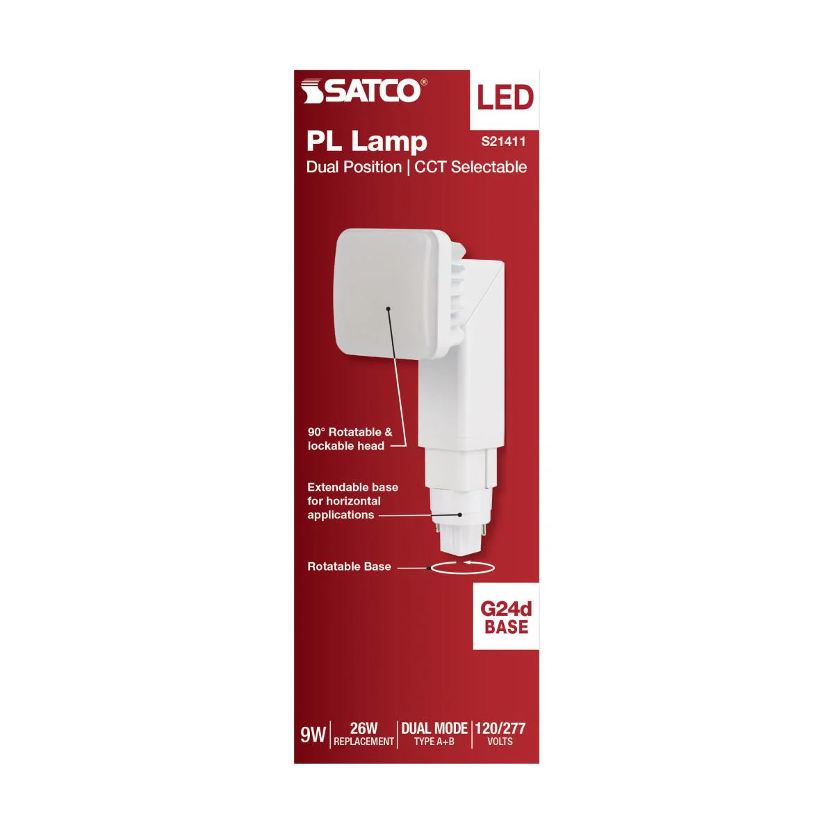 Satco 9w PL 2-Pin LED 1100Lm G24d Base 120-277v CCT Selectable White Finish Bulb - Image 5